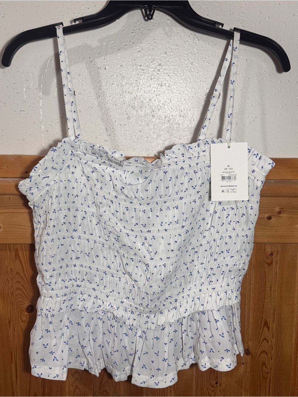 NWT Free Assembly Smocked Peplum Tank Top White Blue Floral M